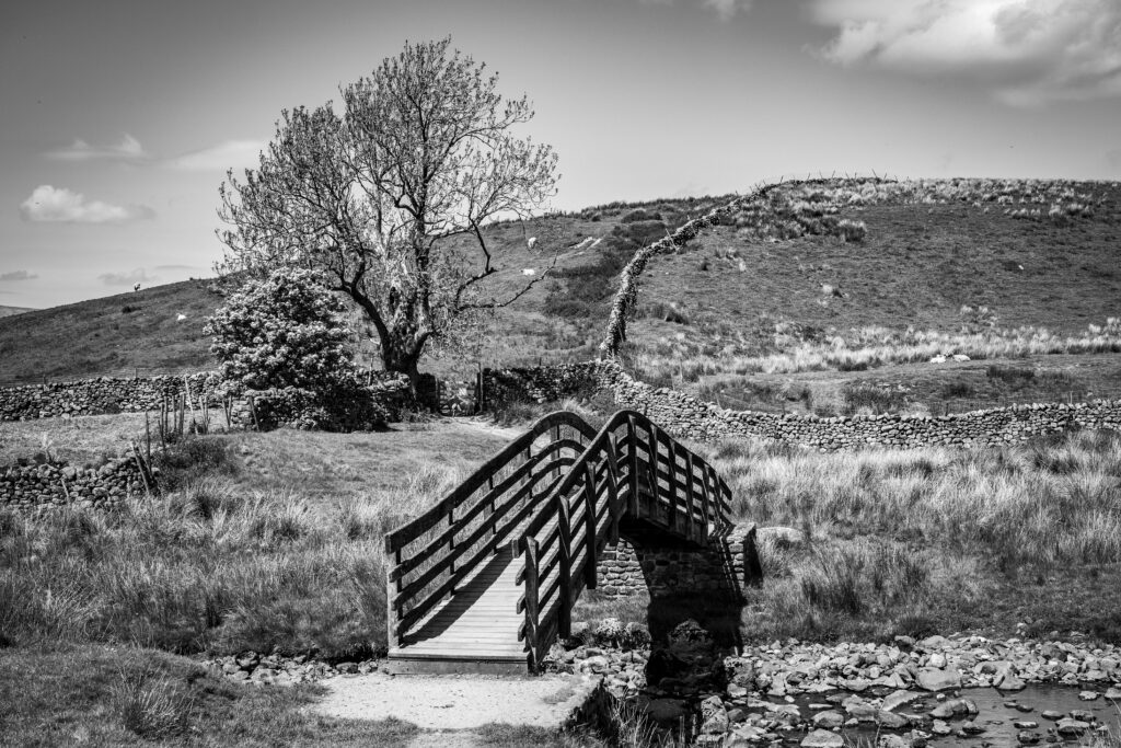 A wooden bridge across a small stream on the walk from Pen-Y-Ghent to Whernside. (Black and White)